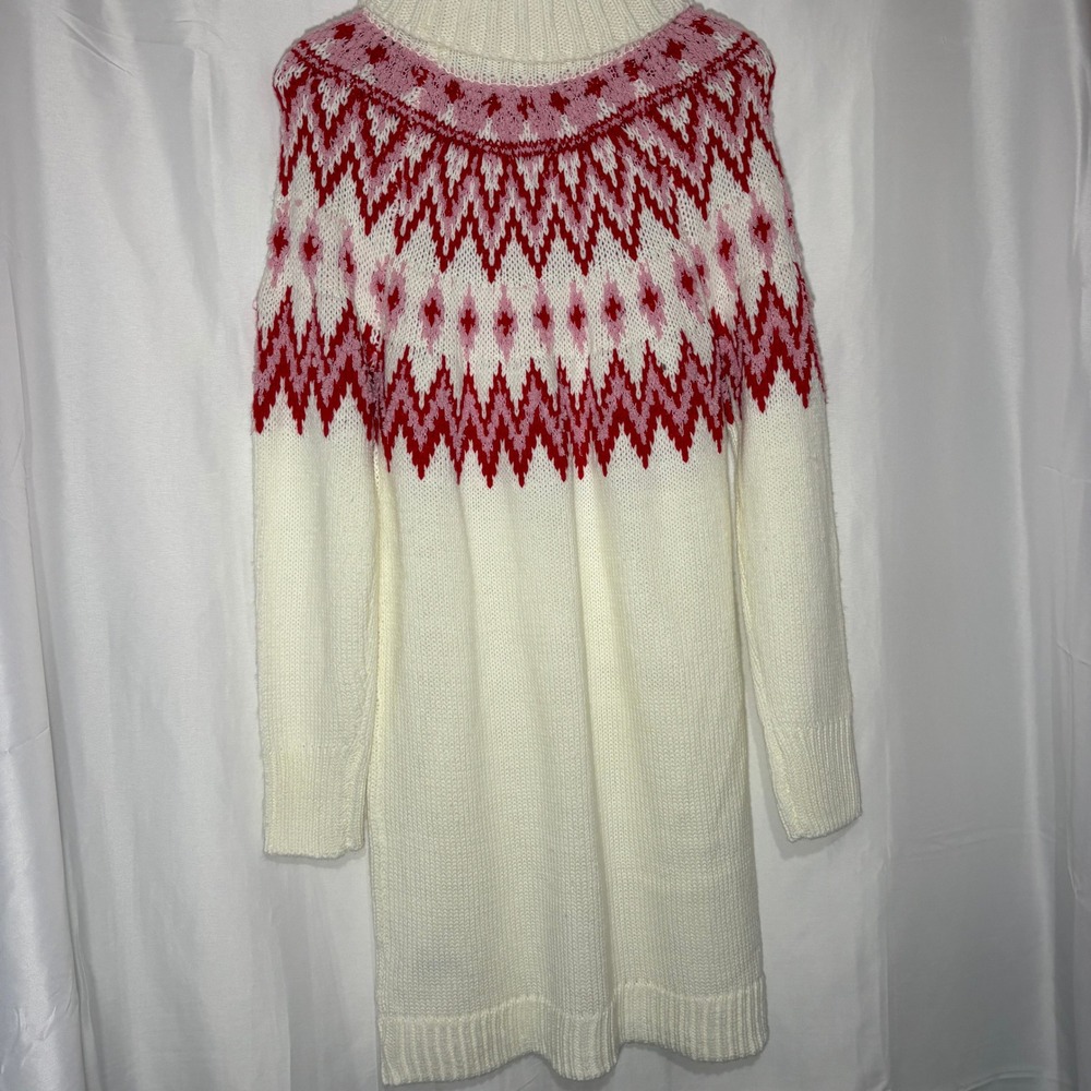 NWT Francesca's LS Fair Isle Cowl Neck Knit Sweater Dress White Red Pink Medium - Picture 9 of 10